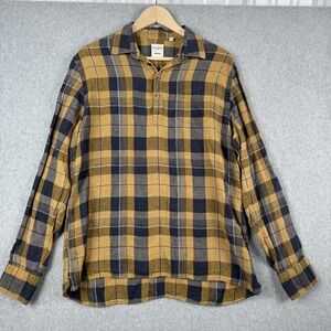Murano Baird McNutt Shirt Mens M Yellow Navy Blue Linen Plaid Roll Tab Popover